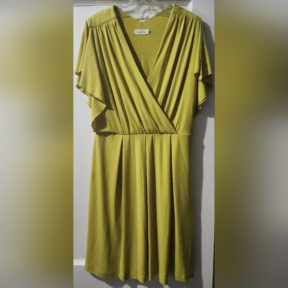 Calvin Klein Chartreuse Yellow Green Faux Wrap Dress Flutter Sleeve L